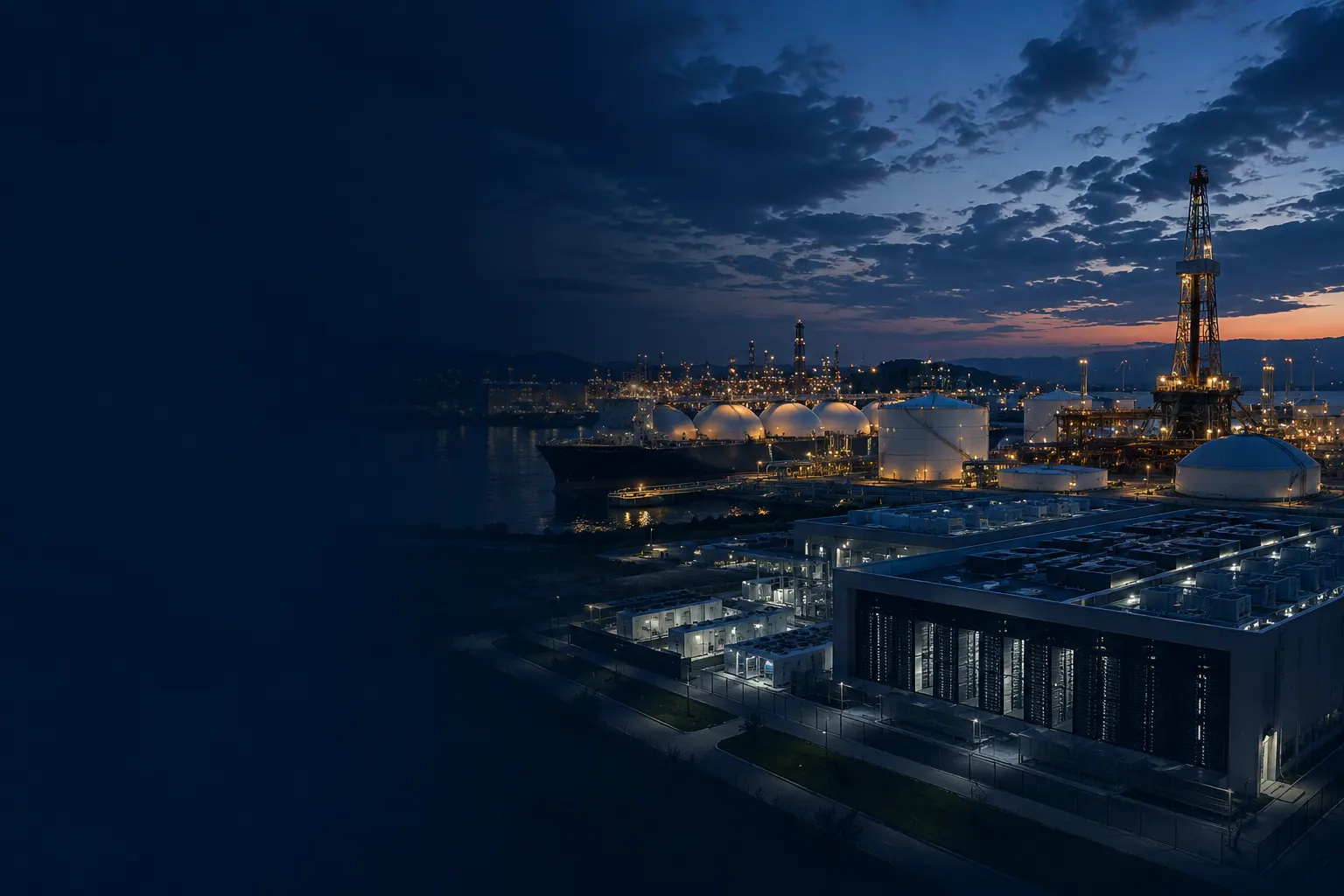 An LNG terminal and a hyperscale data center on a coastline at dusk